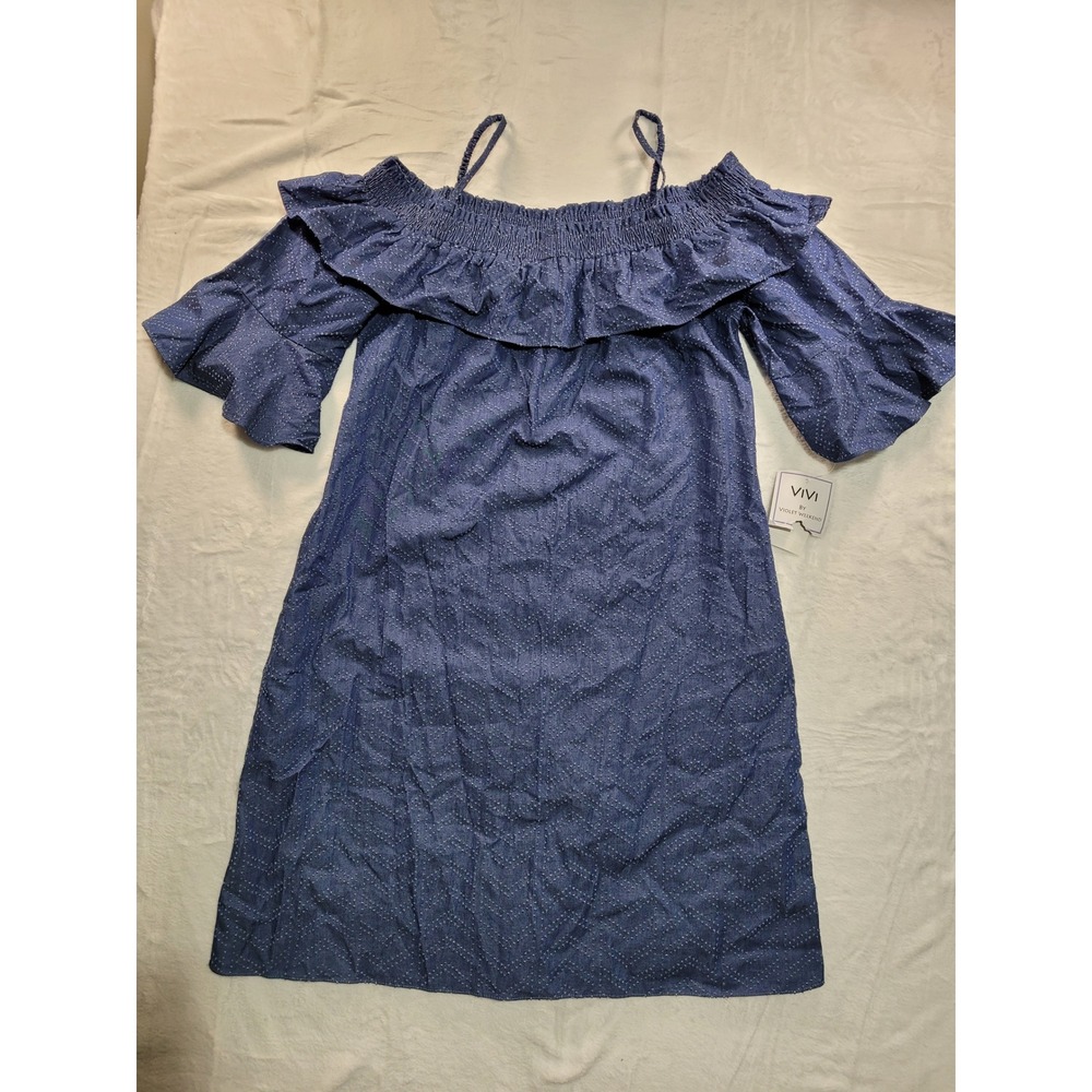 NWT Vivi by Violet Weekend Dress Women M Blue Clip Dot Off Shoulder Ruffle